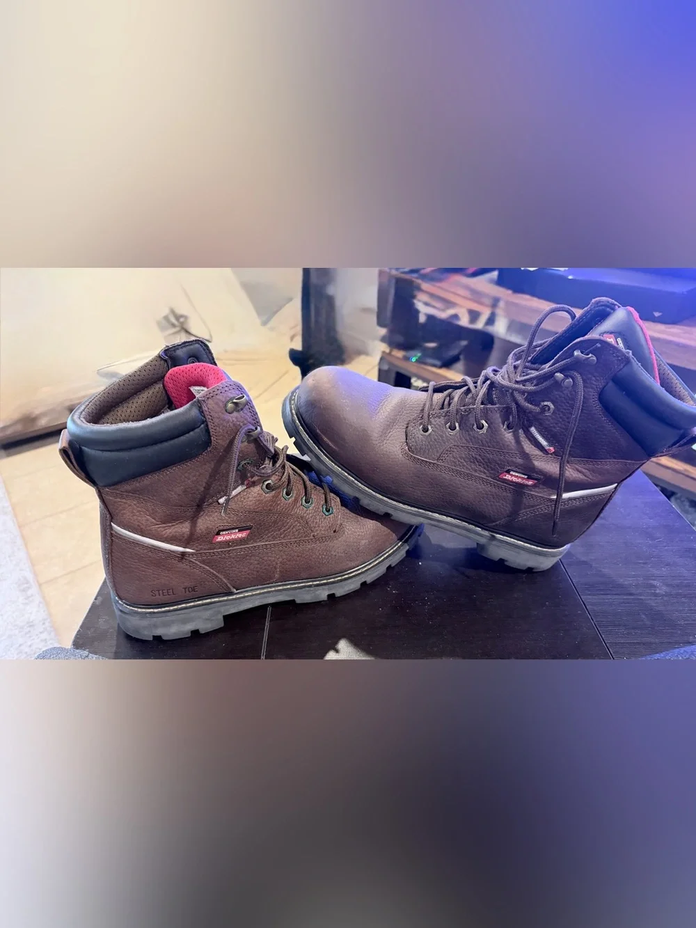 Steel Toe Dickies Brown Men’s Work Boots with Black Collar and Red Trim